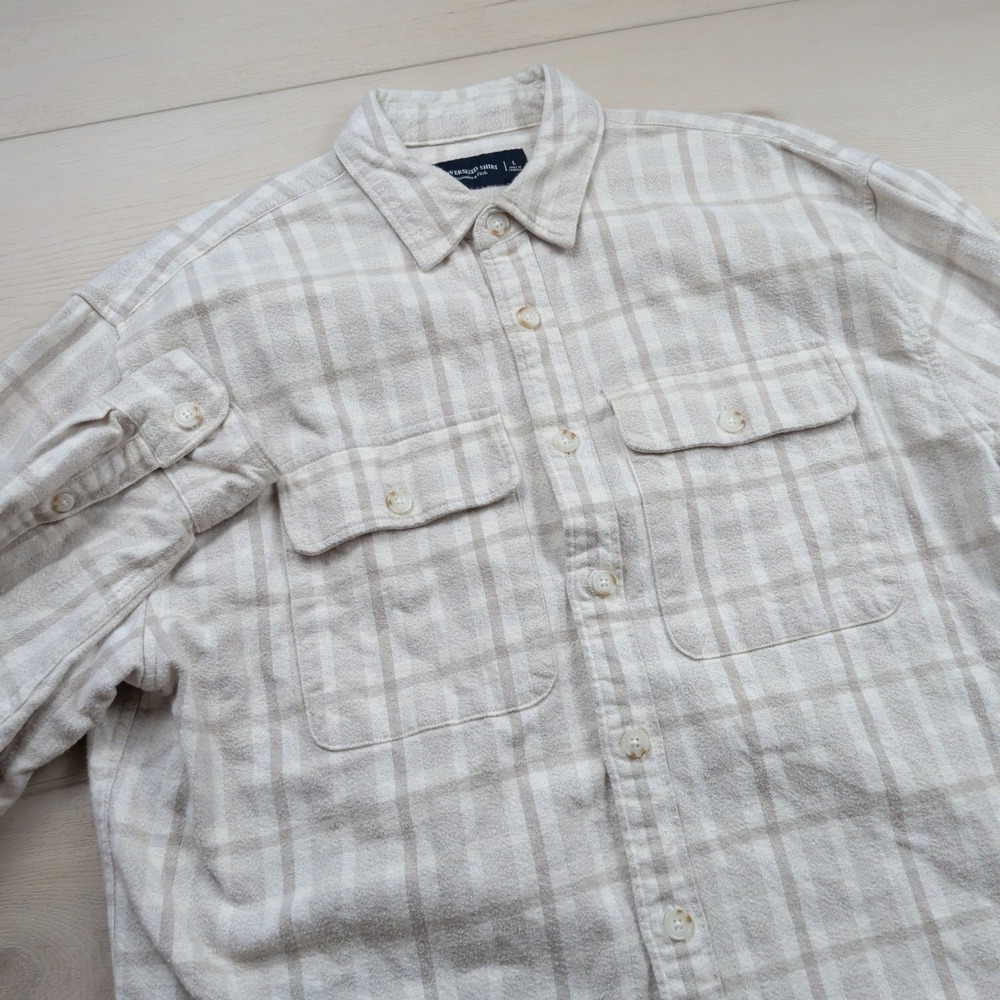 Abercrombie & Fitch 90s Oversized Shirt Mens Large Cream Tan Plaid Flannel